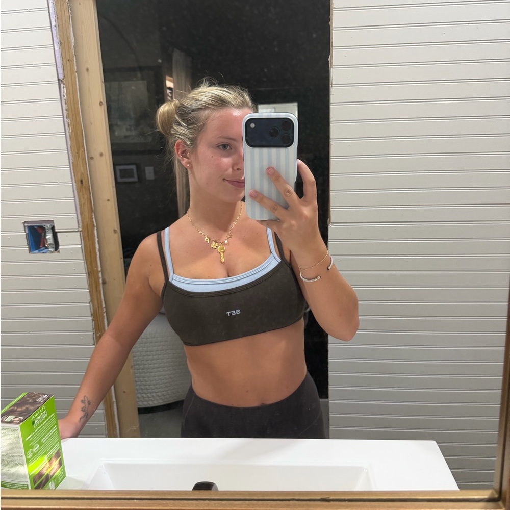 SET Active Brown and Light Blue Layered Sports Bra